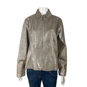 Chicos Gold Metallic 100% Leather Jacket Size 1 Medium 8 Full Zip Collared